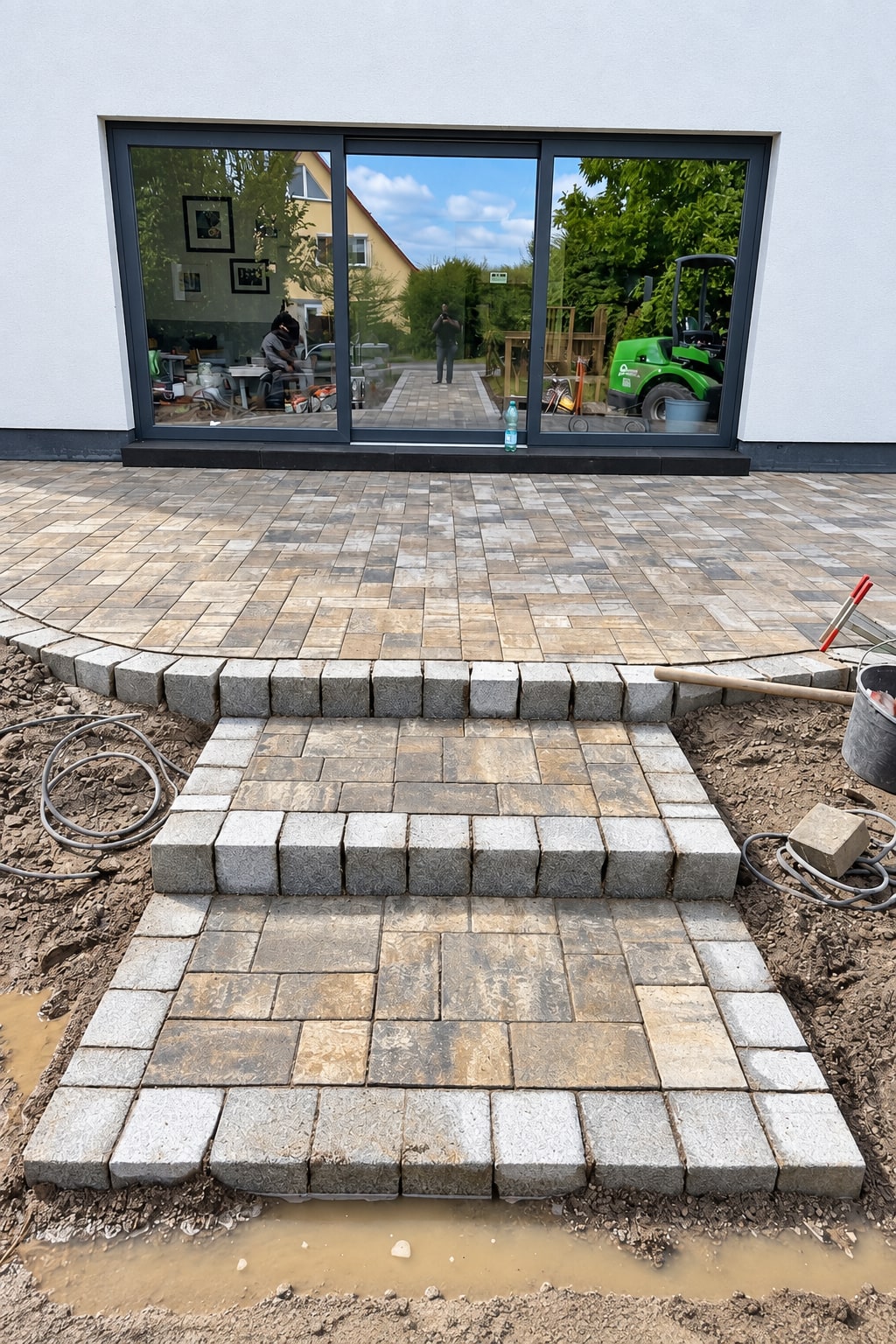 Terrasse mit Stufenanlage vor einer großen Glasfront